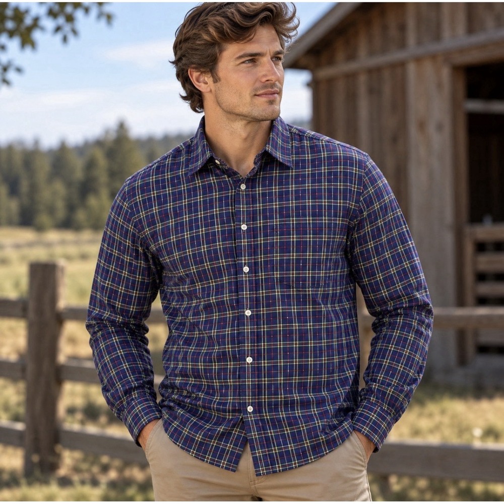 UNTUCKit Tatty Mens Large Plaid Button Down Shirt Navy Blue Long Sleeve 41175